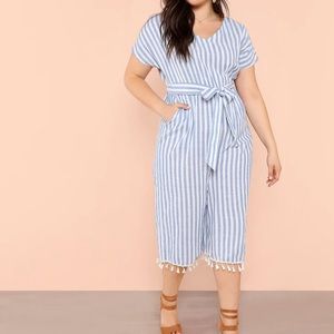 SHEIN Plus Belted Elastic Waist Striped Jumpsuit